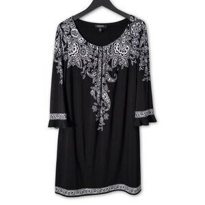 Signature London Style Dress WOMENS XL Black Paisley Floral 3/4 Sleeve Elegant